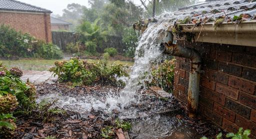Overflowing metal residential roof downpipe spilling rainwater over garden bed during intense storm