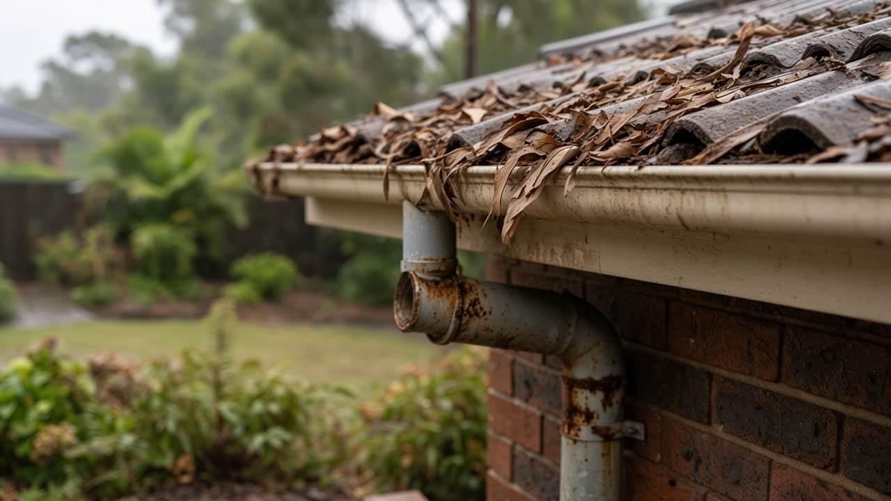 Dry gum leaves sitting in a roof gutter above a stained fascia