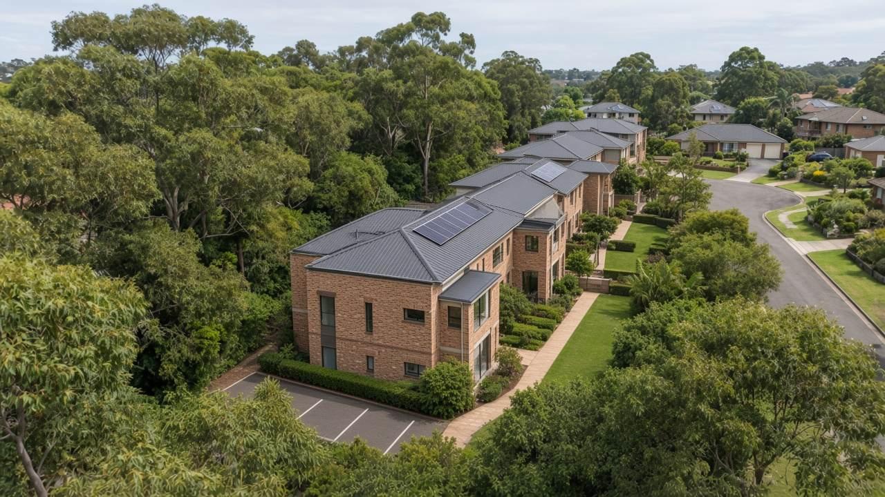A brick townhouse row with metal roofs in a leafy Hills street