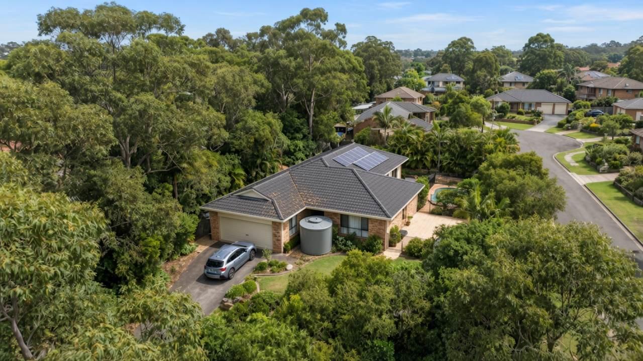 A Hills house with rooftop solar panels and a rainwater tank beside the garage