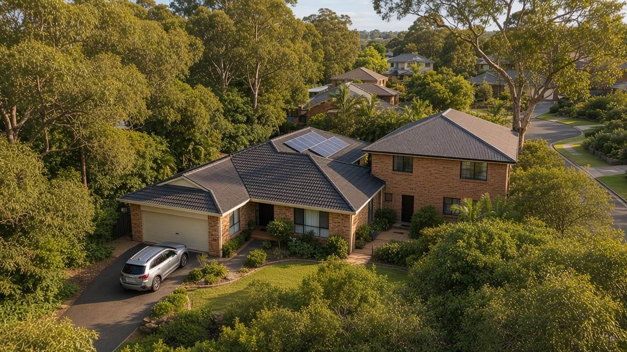 A Hills house with a tiled roof and a two-storey metal roof under gum trees