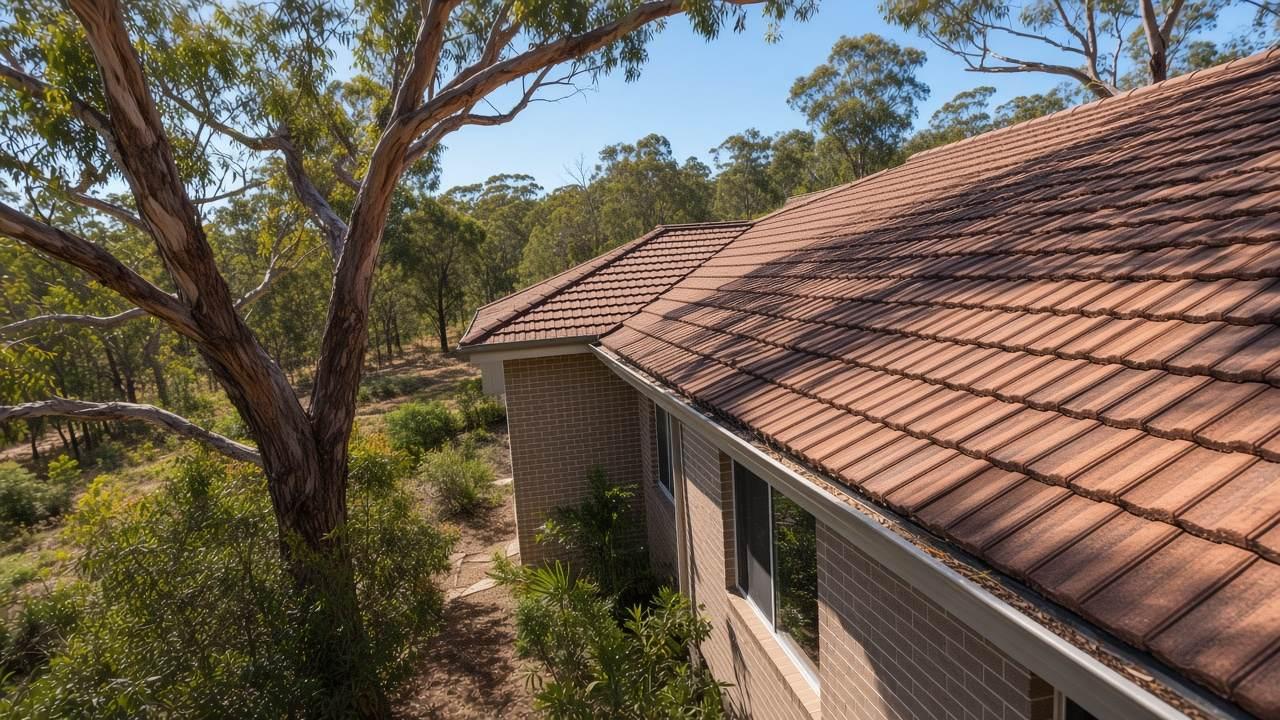 A steep terracotta roof with a gum tree close to the gutter